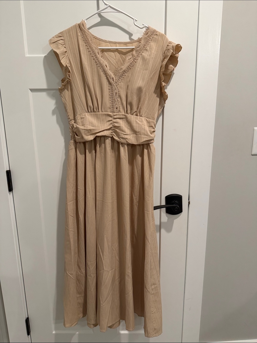 SHEIN Beige V-Neck Ruffle Sleeve Midi Dress
